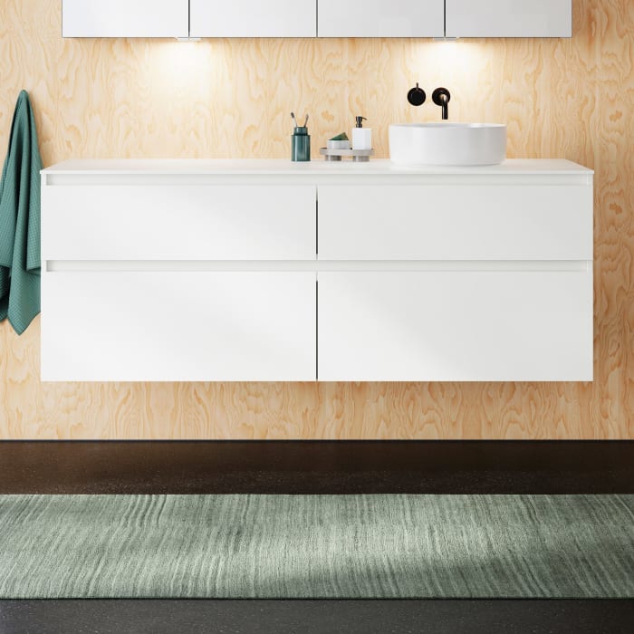 burgbad Lin20 Waschtischunterschrank mit Konsolenplatte 160 cm, 4 Auszüge, Beckenausschnitt rechts