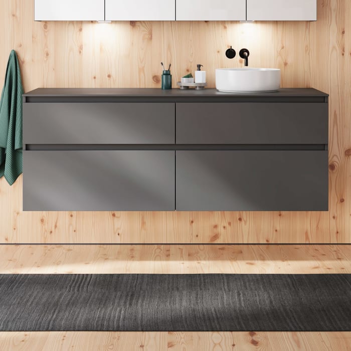 burgbad Lin20 Waschtischunterschrank mit Konsolenplatte 160 cm, 4 Auszüge, Beckenausschnitt rechts