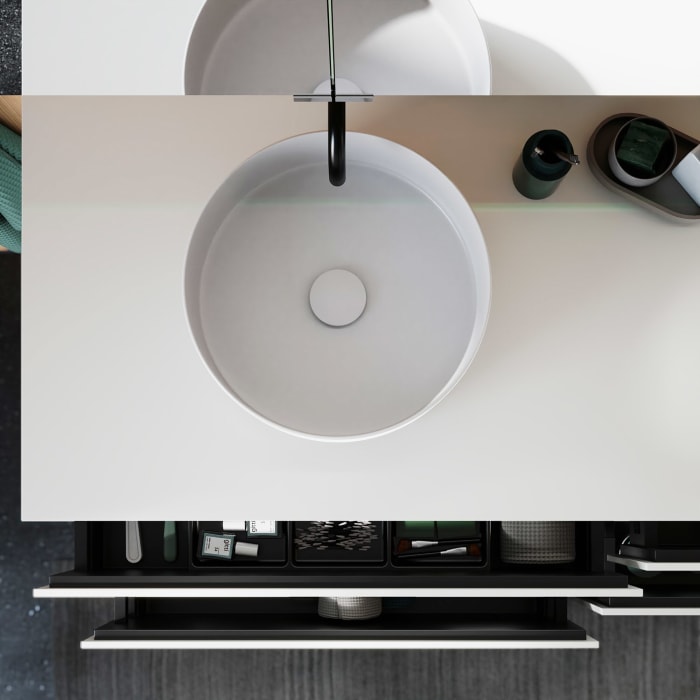 burgbad Lin20 Waschtischunterschrank mit Konsolenplatte 160 cm, 4 Auszüge, Beckenausschnitt links