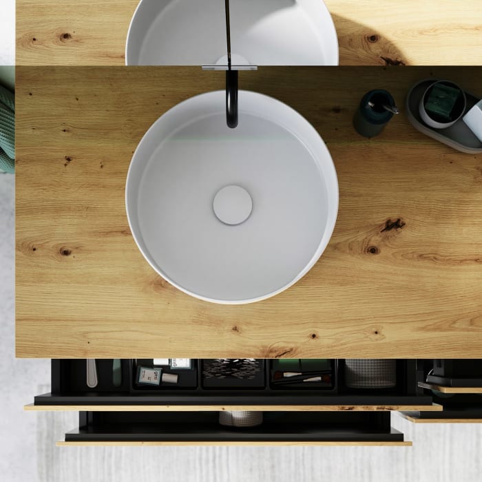 burgbad Lin20 Waschtischunterschrank mit Konsolenplatte 160 cm, 4 Auszüge, Beckenausschnitt links