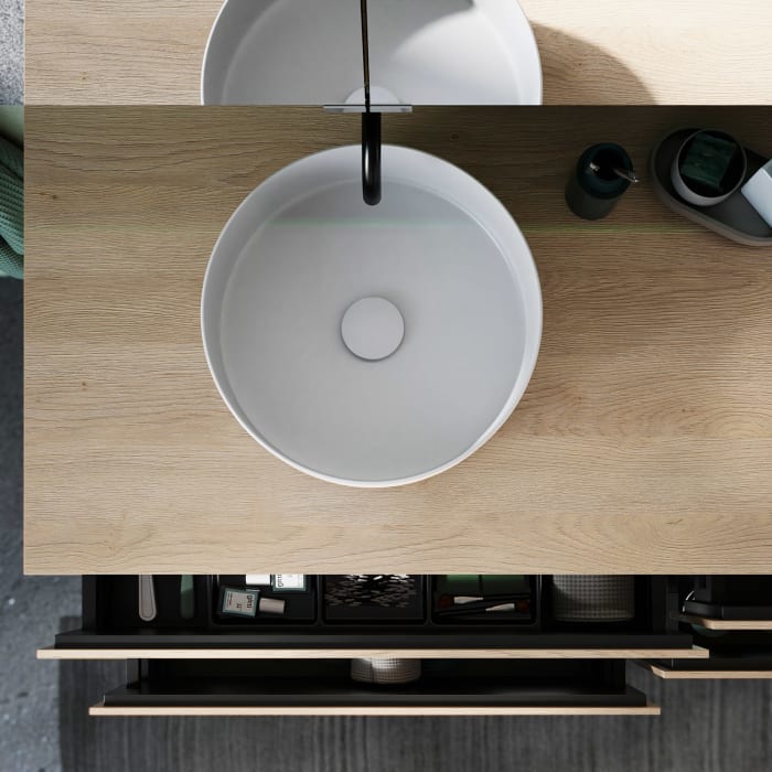 burgbad Lin20 Waschtischunterschrank mit Konsolenplatte 160 cm, 4 Auszüge, Beckenausschnitt links