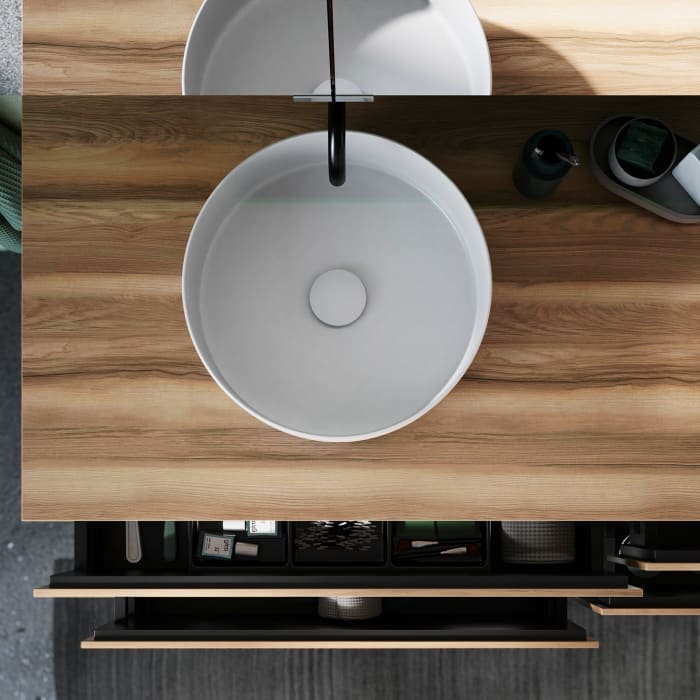 burgbad Lin20 Waschtischunterschrank mit Konsolenplatte 160 cm, 4 Auszüge, Beckenausschnitt links