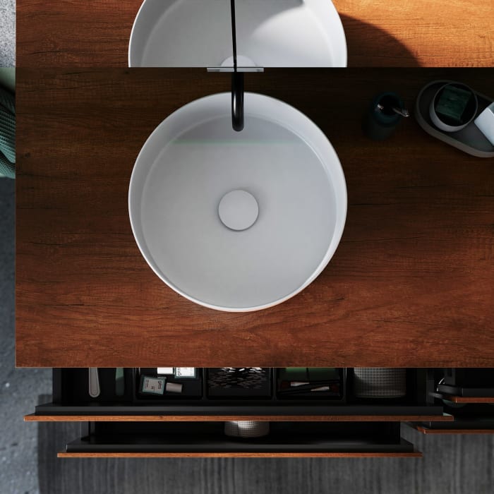 burgbad Lin20 Waschtischunterschrank mit Konsolenplatte 160 cm, 4 Auszüge, Beckenausschnitt links