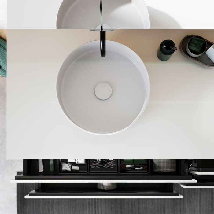 burgbad Lin20 Waschtischunterschrank mit Konsolenplatte 160 cm, 4 Auszüge, Beckenausschnitt links