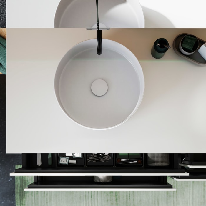 burgbad Lin20 Waschtischunterschrank mit Konsolenplatte 160 cm, 4 Auszüge, Beckenausschnitt links