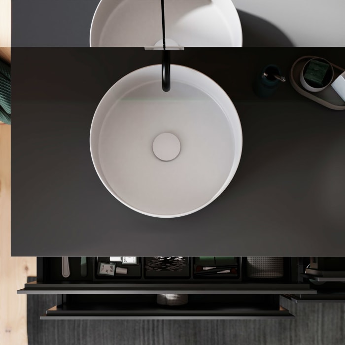 burgbad Lin20 Waschtischunterschrank mit Konsolenplatte 160 cm, 4 Auszüge, Beckenausschnitt links