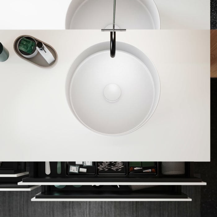 burgbad Lin20 Waschtischunterschrank mit Konsolenplatte 160 cm, 4 Auszüge, Beckenausschnitt rechts