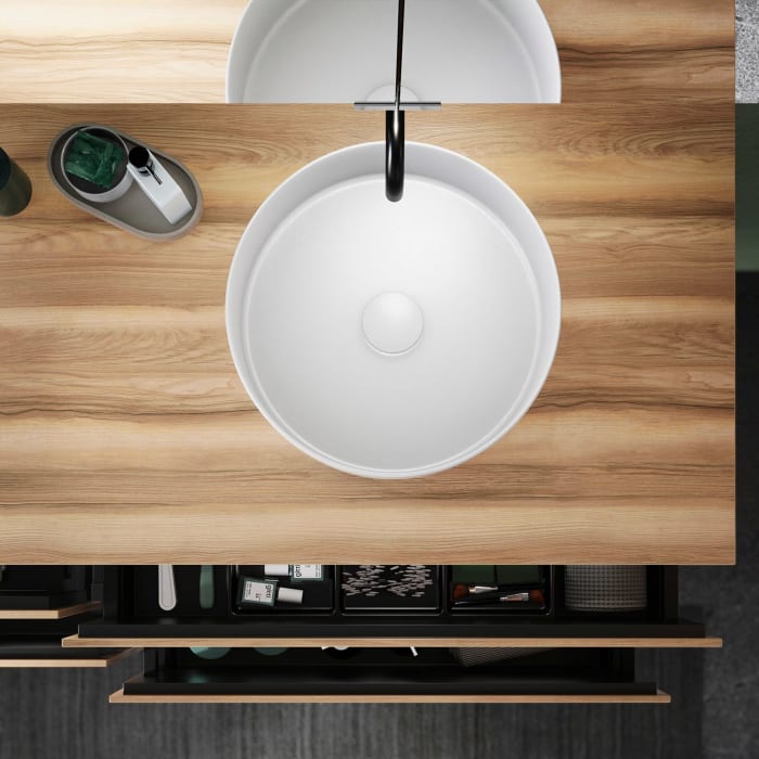 burgbad Lin20 Waschtischunterschrank mit Konsolenplatte 160 cm, 4 Auszüge, Beckenausschnitt rechts