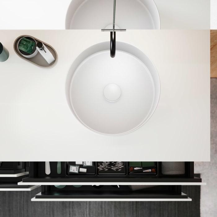 burgbad Lin20 Waschtischunterschrank mit Konsolenplatte 160 cm, 4 Auszüge, Beckenausschnitt rechts