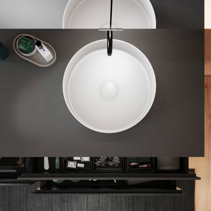 burgbad Lin20 Waschtischunterschrank mit Konsolenplatte 160 cm, 4 Auszüge, Beckenausschnitt rechts