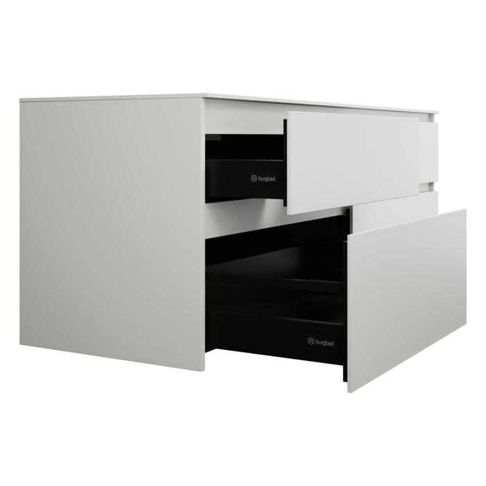 burgbad Lin20 Waschtischunterschrank mit Konsolenplatte 160 cm, 4 Auszüge, Beckenausschnitt links