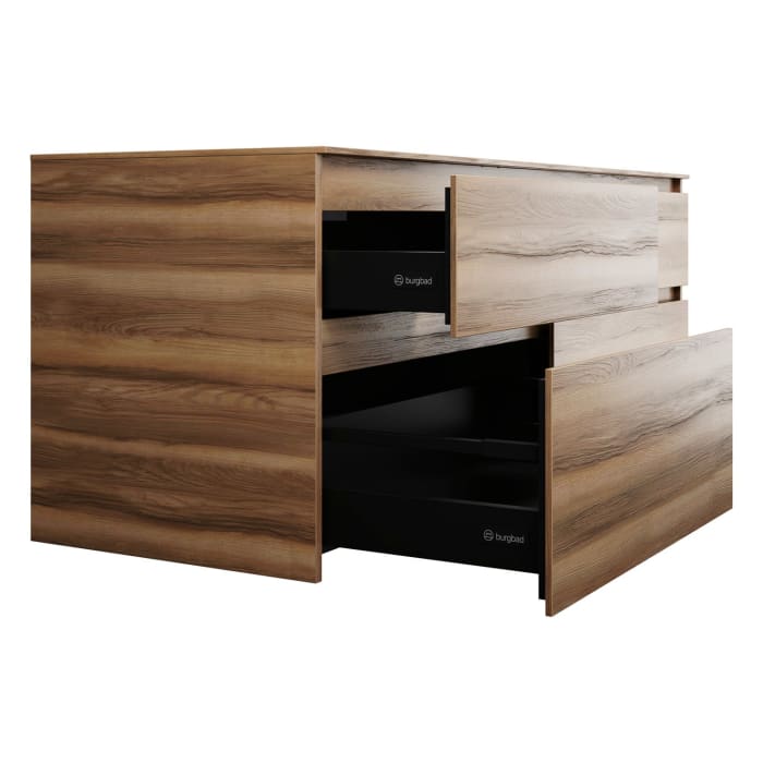 burgbad Lin20 Waschtischunterschrank mit Konsolenplatte 160 cm, 4 Auszüge, Beckenausschnitt links