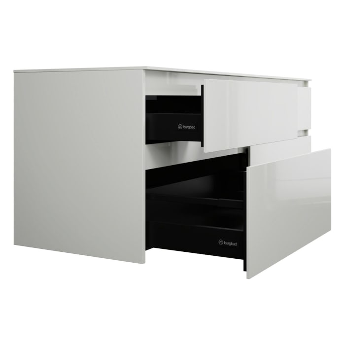 burgbad Lin20 Waschtischunterschrank mit Konsolenplatte 160 cm, 4 Auszüge, Beckenausschnitt links