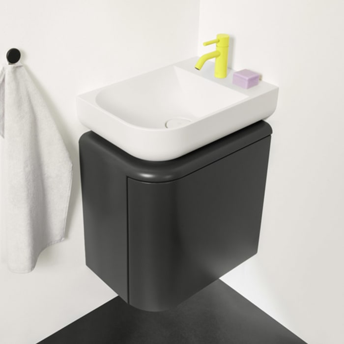 burgbad b:me Waschtischunterschrank mit Mineralguss-Waschtisch 50 cm, 1 Auszug, Becken links