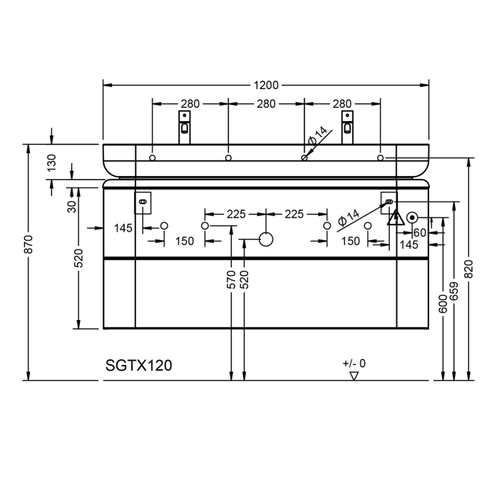 burgbad b:me Waschtischunterschrank mit Mineralguss-Waschtisch 120 cm, 2 Auszüge, 2 Hahnlöcher