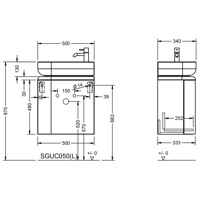 burgbad b:me Waschtischunterschrank mit Mineralguss-Waschtisch 50 cm, 1 Auszug, Becken links