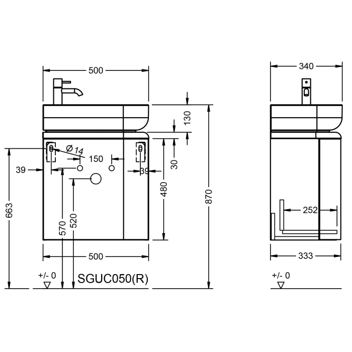 burgbad b:me Waschtischunterschrank mit Mineralguss-Waschtisch 50 cm, 1 Auszug, Becken rechts
