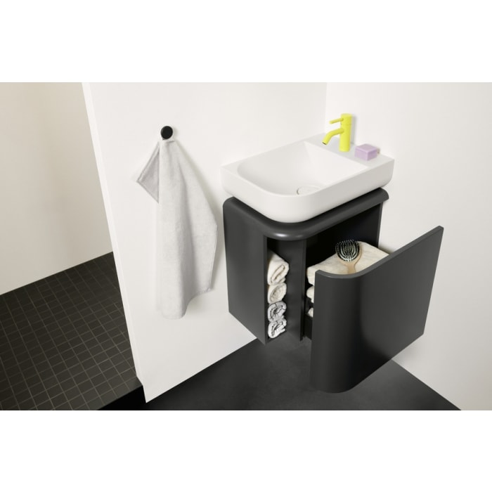 burgbad b:me Waschtischunterschrank mit Mineralguss-Waschtisch 50 cm, 1 Auszug, Becken links