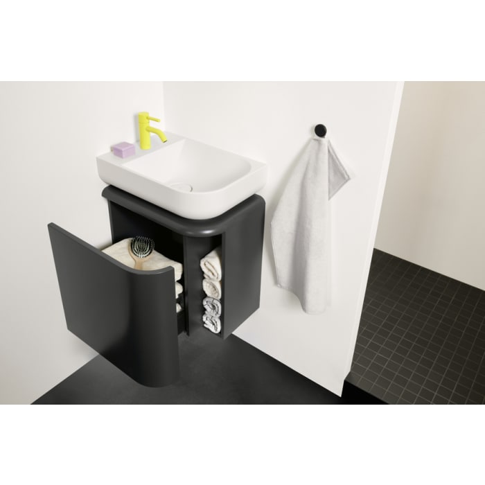 burgbad b:me Waschtischunterschrank mit Mineralguss-Waschtisch 50 cm, 1 Auszug, Becken rechts