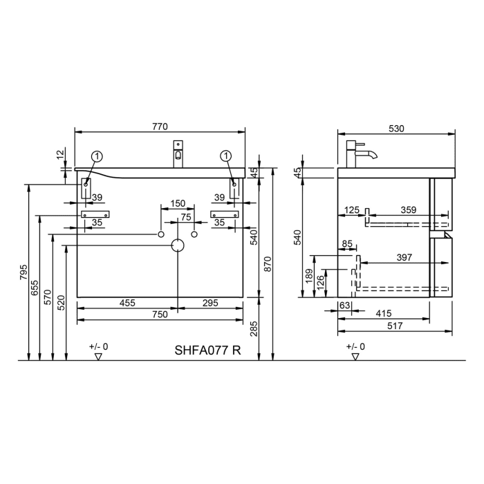 burgbad Sinea 3.0 Mineralguss-Waschtisch mit Unterschrank, 77 cm, mit Griffleiste G0167