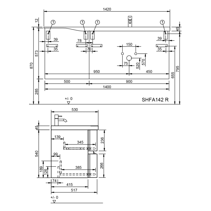burgbad Sinea 3.0 Mineralguss-Waschtisch mit Unterschrank, 142 cm, mit Griffleiste G0292