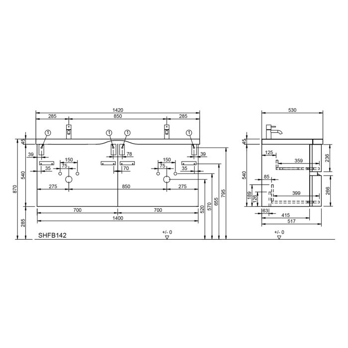 burgbad Sinea 3.0 Mineralguss-Doppelwaschtisch mit Unterschrank, 142 cm, mit Griffleiste G0292