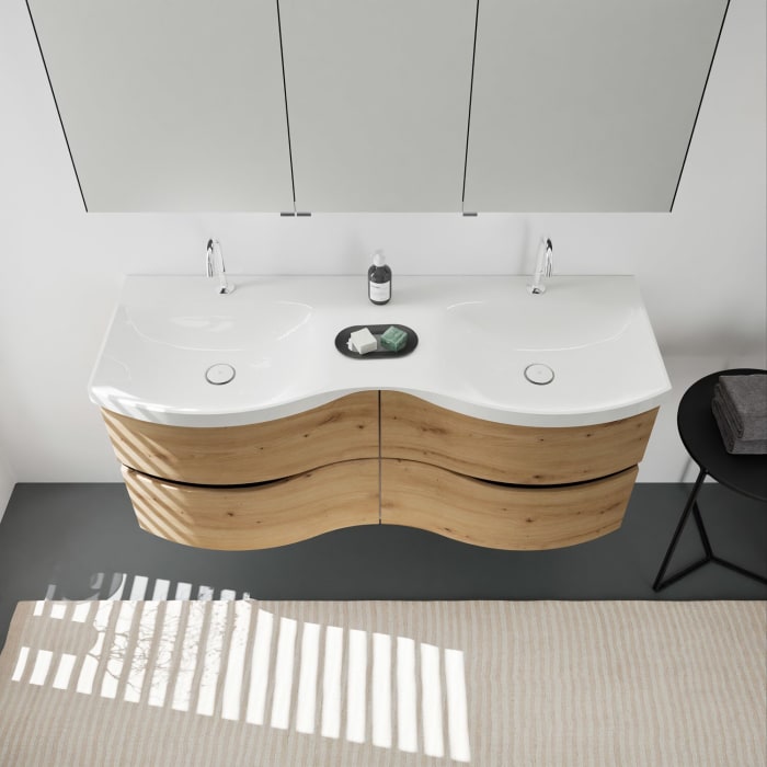 burgbad Sinea 3.0 Mineralguss-Doppelwaschtisch mit Unterschrank, 142 cm, mit Griffleiste G0292