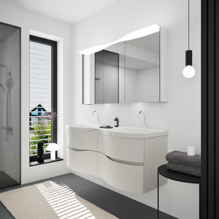 burgbad Sinea 3.0 Mineralguss-Doppelwaschtisch mit Unterschrank, 142 cm, mit Griffleiste G0167