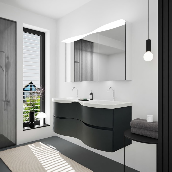 burgbad Sinea 3.0 Mineralguss-Doppelwaschtisch mit Unterschrank, 142 cm, mit Griffleiste G0167