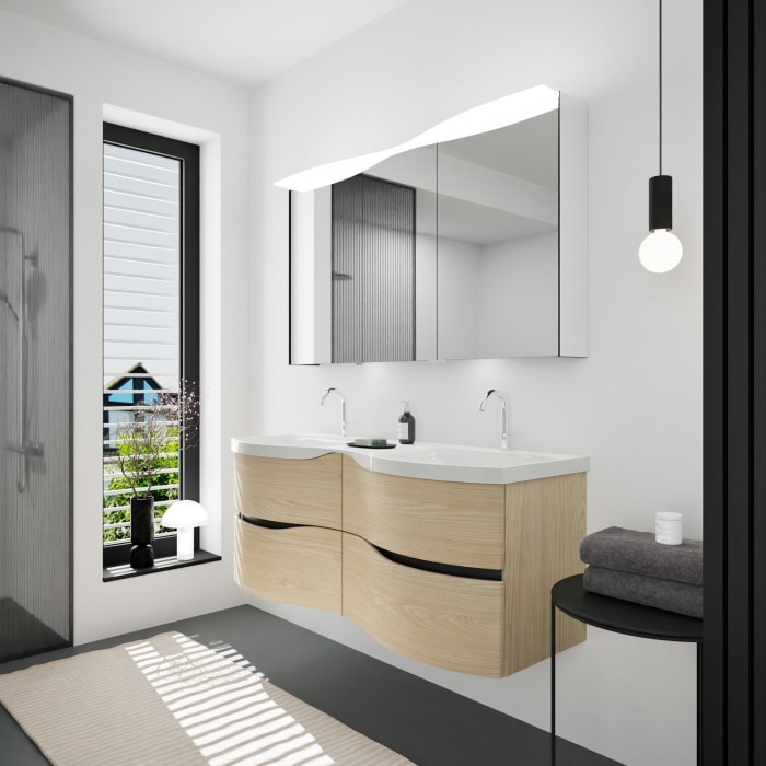 burgbad Sinea 3.0 Mineralguss-Doppelwaschtisch mit Unterschrank, 142 cm, mit Griffleiste G0292