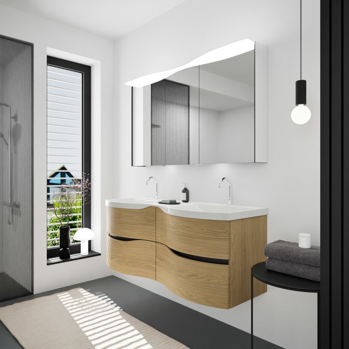 burgbad Sinea 3.0 Mineralguss-Doppelwaschtisch mit Unterschrank, 142 cm, mit Griffleiste G0292