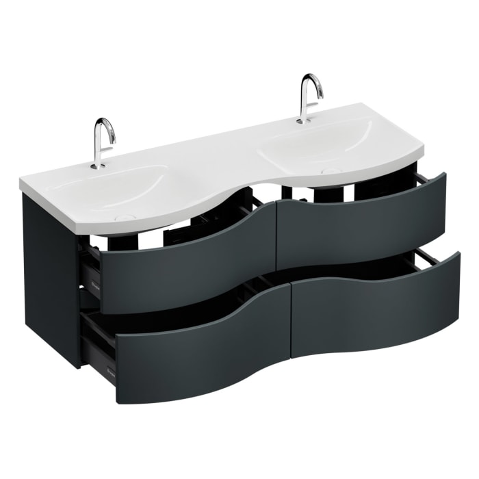 burgbad Sinea 3.0 Mineralguss-Doppelwaschtisch mit Unterschrank, 142 cm, mit Griffleiste G0167