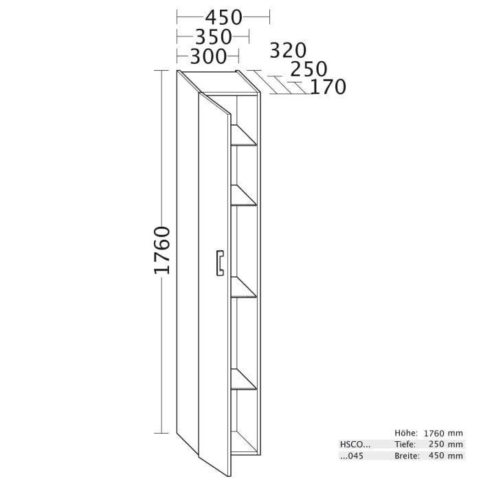 burgbad SYS30 Hochschrank mit 1 Tür 30 x 25 x 176 cm, Anschlag links, Stangengriff P95