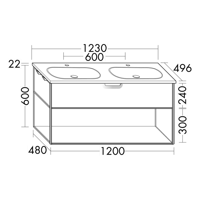 burgbad Vry Keramik-Doppelwaschtisch mit Waschtischunterschrank 123 cm mit 1 Schublade