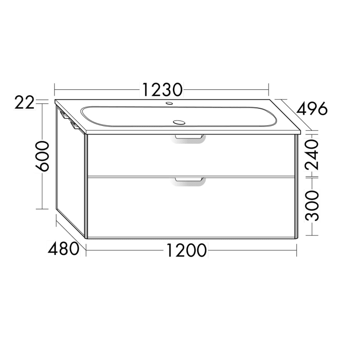 burgbad Vry Keramik-Waschtisch mit Waschtischunterschrank 123 cm mit 1 Schublade und 1 Auszug
