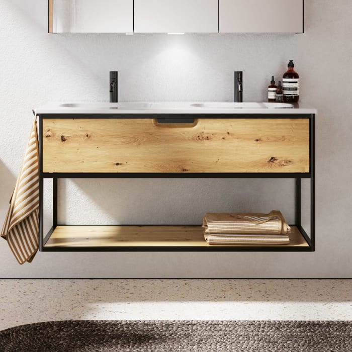 burgbad Vry Keramik-Doppelwaschtisch mit Waschtischunterschrank 123 cm mit 1 Schublade