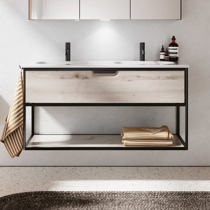 burgbad Vry Keramik-Doppelwaschtisch mit Waschtischunterschrank 123 cm mit 1 Schublade