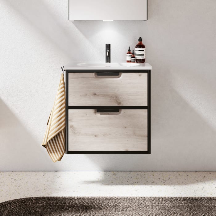 burgbad Vry Keramik-Waschtisch mit Waschtischunterschrank 63 cm mit 1 Schublade und 1 Auszug