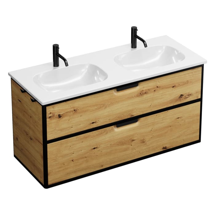 burgbad Vry Keramik-Doppelwaschtisch mit Waschtischunterschrank 123 cm mit 1 Schublade und 1 Auszug