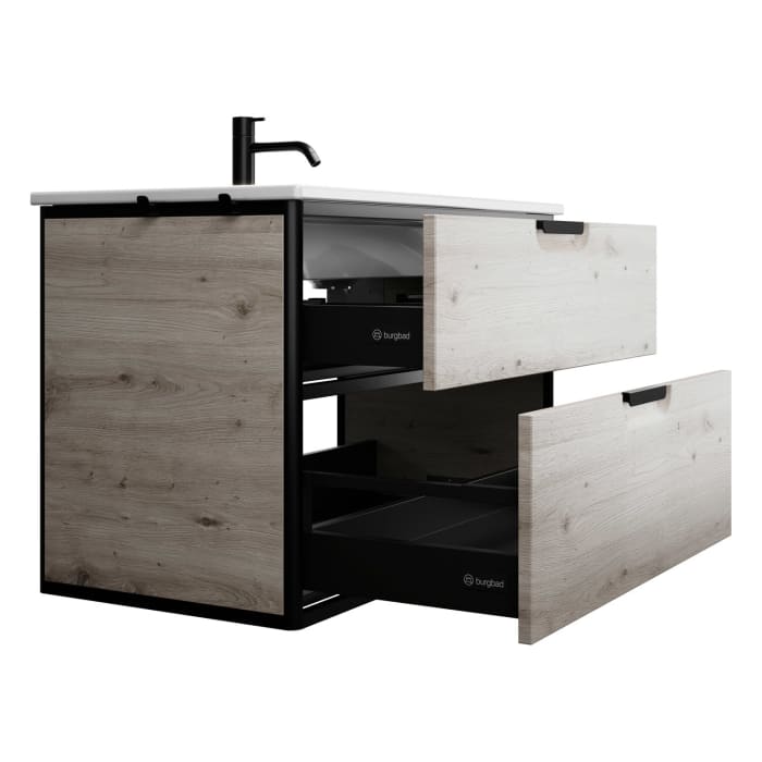 burgbad Vry Keramik-Waschtisch mit Waschtischunterschrank 93 cm mit 1 Schublade und 1 Auszug