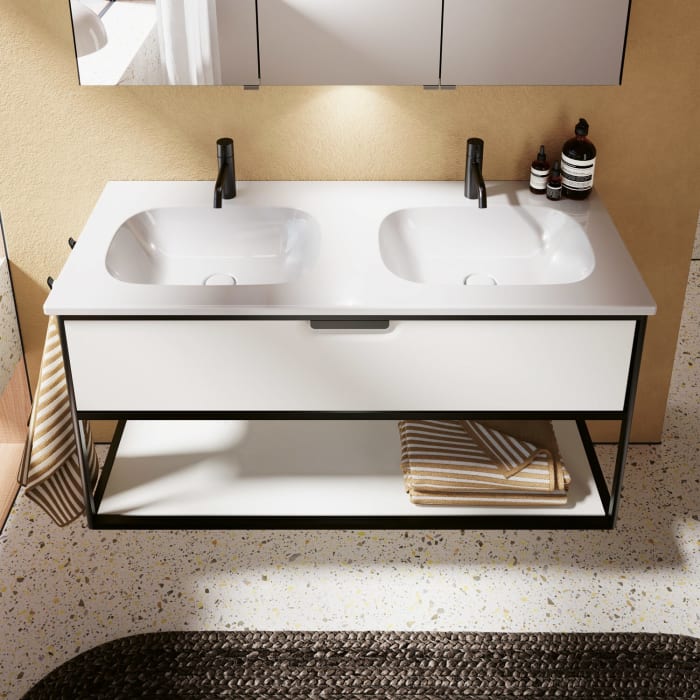 burgbad Vry Keramik-Doppelwaschtisch mit Waschtischunterschrank 123 cm mit 1 Schublade