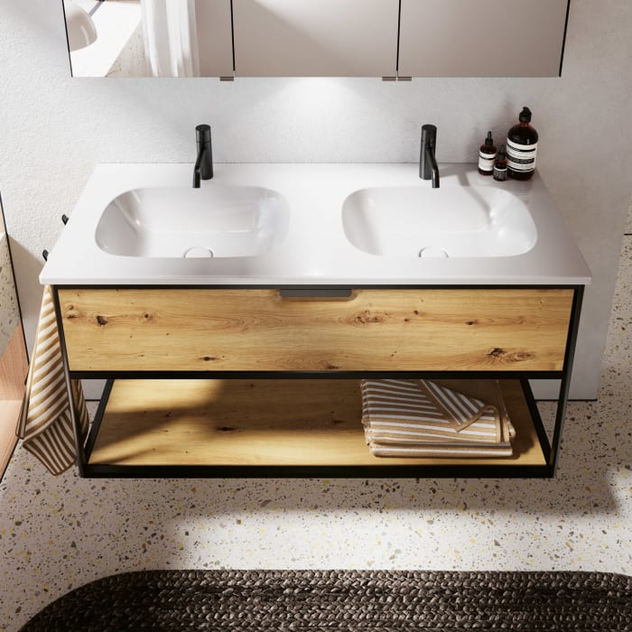 burgbad Vry Keramik-Doppelwaschtisch mit Waschtischunterschrank 123 cm mit 1 Schublade