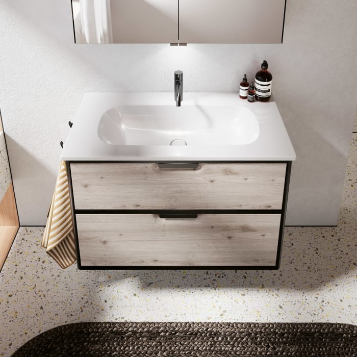 burgbad Vry Keramik-Waschtisch mit Waschtischunterschrank 93 cm mit 1 Schublade und 1 Auszug