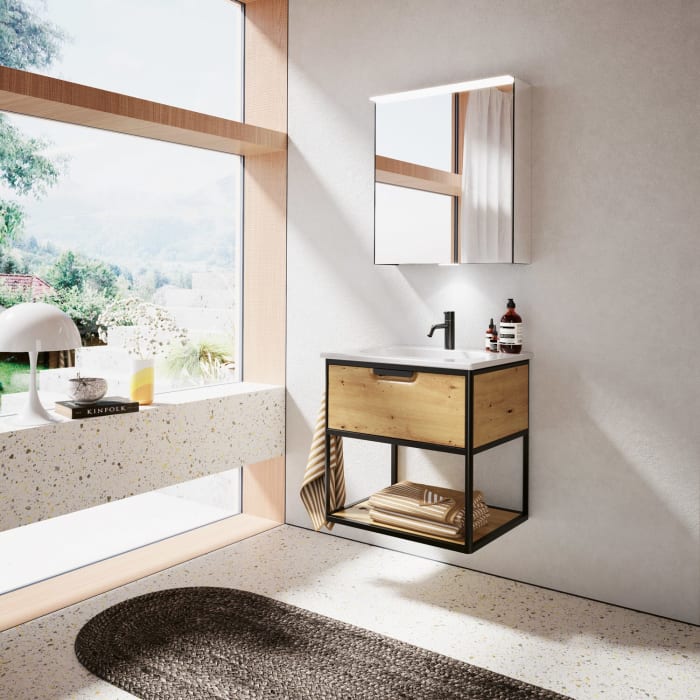 burgbad Vry Keramik-Waschtisch mit Waschtischunterschrank 63 cm mit 1 Schublade