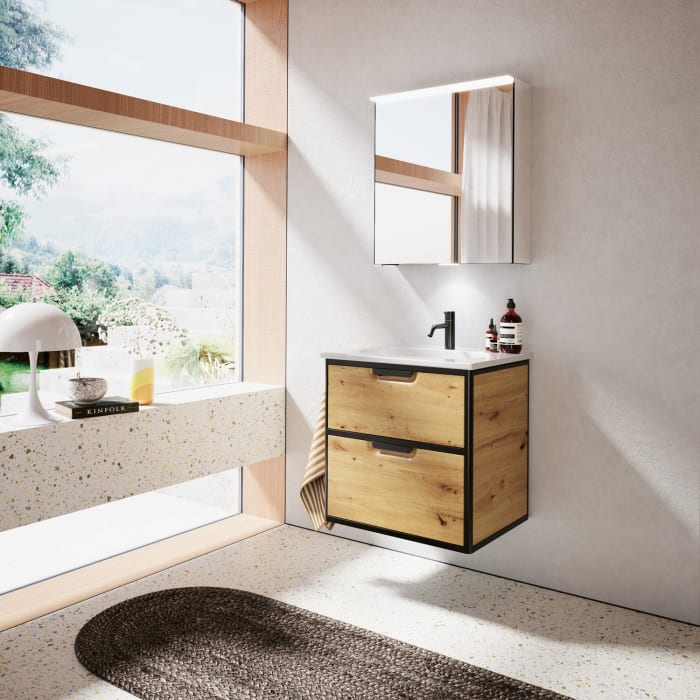 burgbad Vry Keramik-Waschtisch mit Waschtischunterschrank 63 cm mit 1 Schublade und 1 Auszug