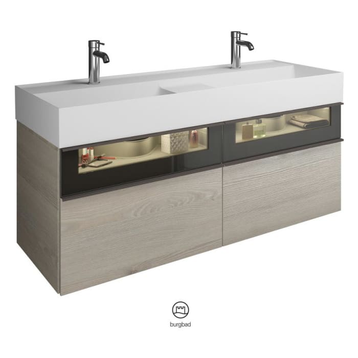 burgbad Yumo Mineralguss-Doppelwaschtisch inkl. Waschtischunterschrank 131,5 cm mit obere Alurahmenfront und LED-Beleuchtung