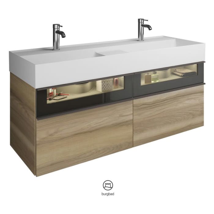 burgbad Yumo Mineralguss-Doppelwaschtisch inkl. Waschtischunterschrank 131,5 cm mit obere Alurahmenfront und LED-Beleuchtung