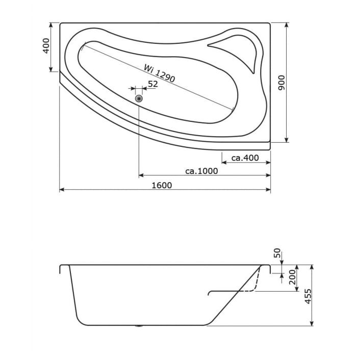 Caribia Mini Corner  Badewanne 160 x 90 cm , für Ecke rechts, mit Schürze