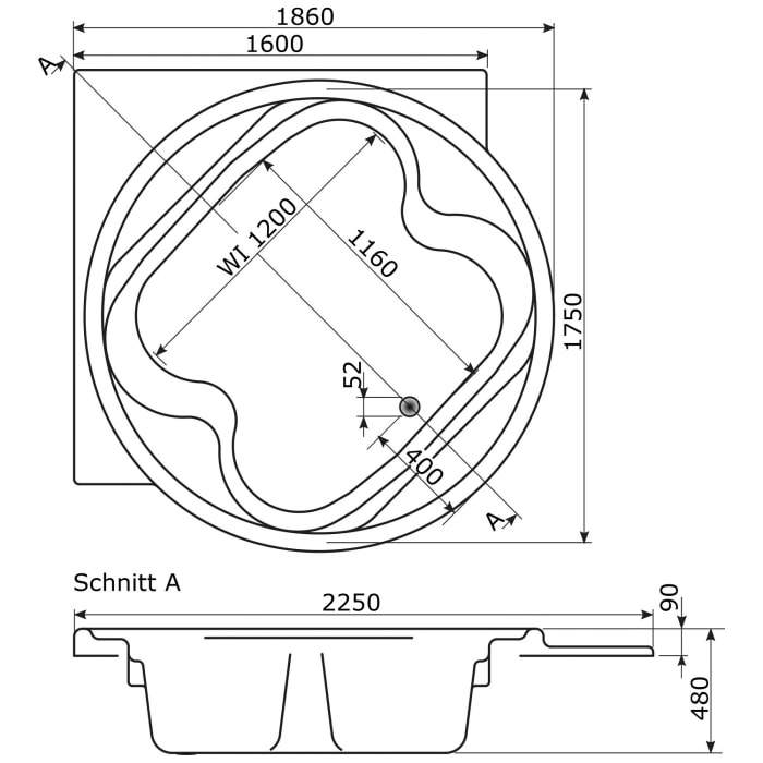 Caribia Vidal Premium Whirlpool 186 x 186 cm ohne Schürze, Eck