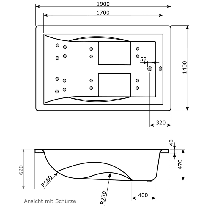 Caribia Herkules Premium Whirlpool 190 x 140 cm mit Schürze